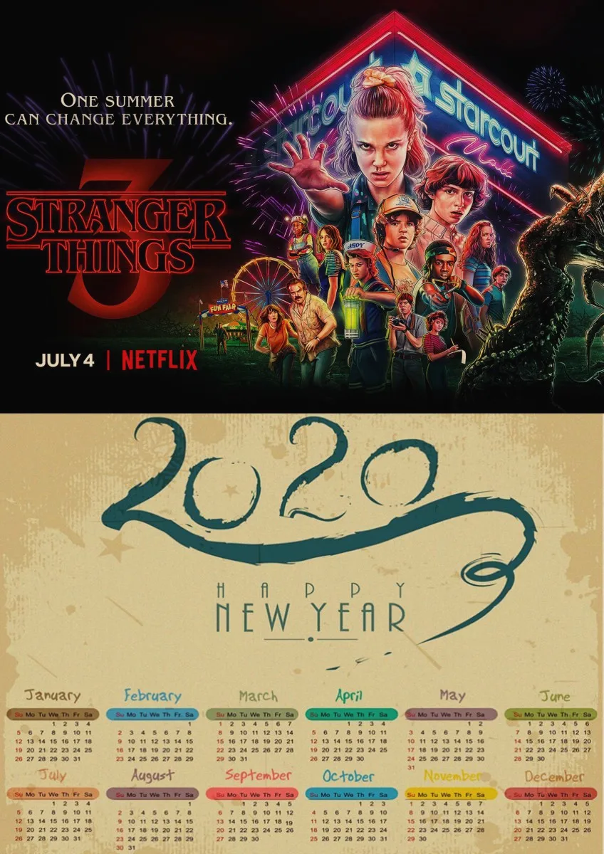 ВИНТАЖНЫЙ ПЛАКАТ с надписью «Stranger Things », с календарем, с изображением «Stranger Things 3», Ретро плакат из крафт-бумаги, настенный Декор для дома/комнаты/бара, живопись