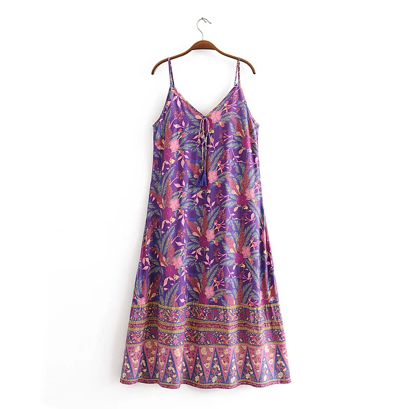 Boho сексуальное винтажное платье с цветочным принтом на бретелях средней длины