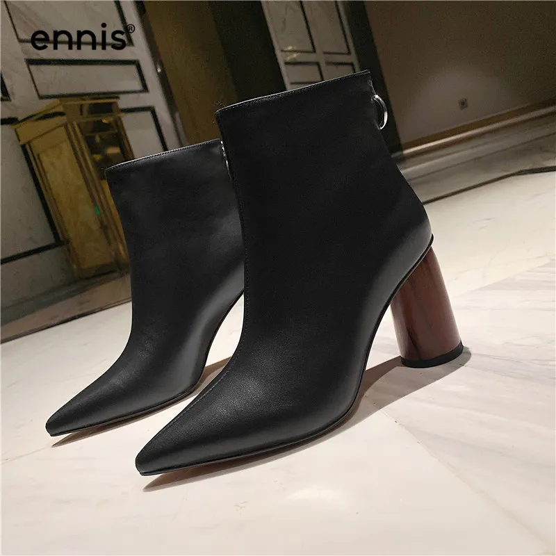 ENNIS Autumn Winter Women High Heel Boots Genuine Leather Pointed Boots Black Beige Designer Ankle Boots Ladies Shoes A9166