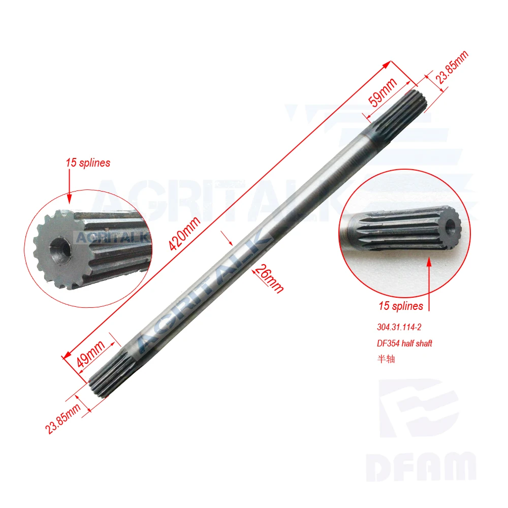 

The half shaft of front axle with part number: 304.31.114-2, suitable for Dongfeng DF304 /DF354 tractor