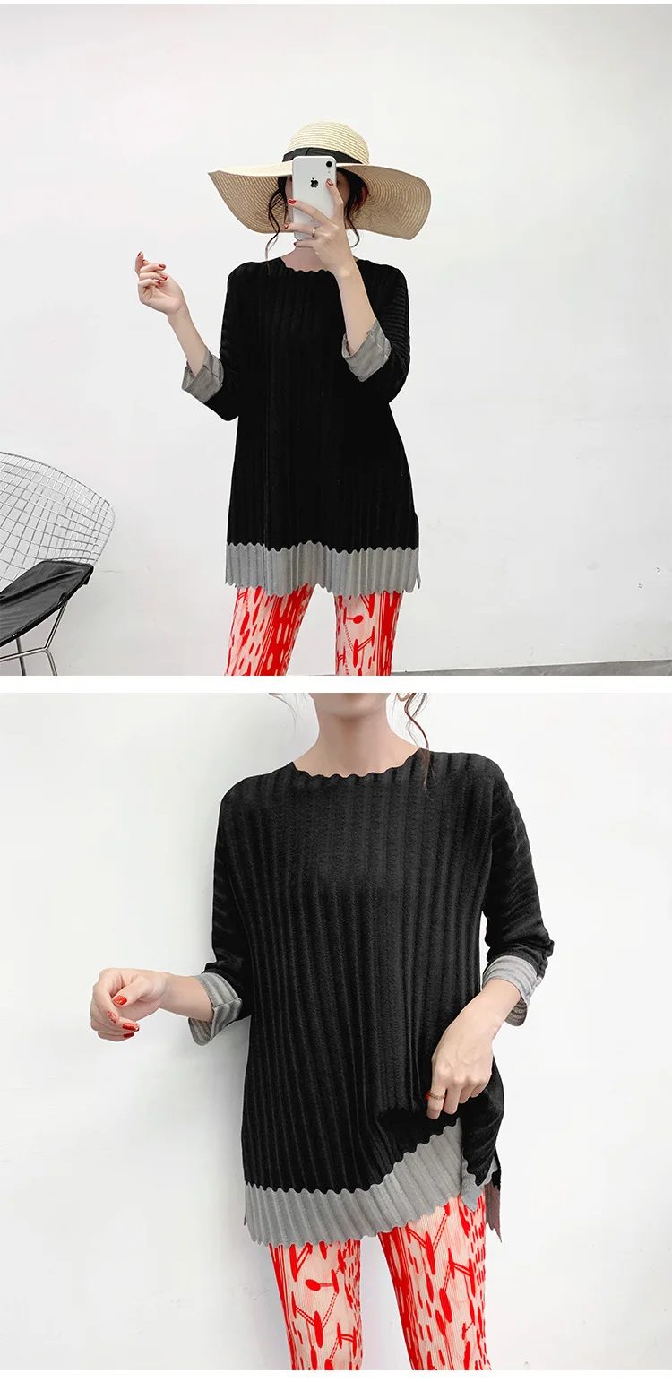 Miyake fold heavy industry/новая осенне-зимняя черная тонкая футболка юбка в семь точек рубашка с круглым воротником