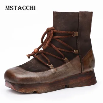 

MStacchi Antiquity Patchwork Lace-Up Woman Short Boots Retro String Bead Platform Ankle Boots Do Old Square Toe Zipper Jackboots