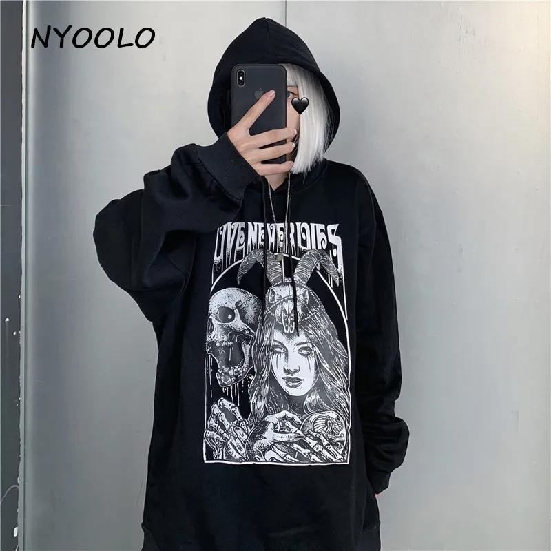 NYOOLO Harajuku уличная ведьма череп буквы печати теплые толстовки осень зима с длинным рукавом капюшоном пуловеры флис Толстовка для женщин