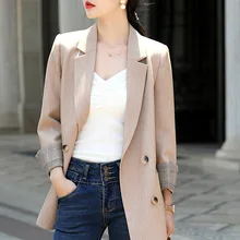 Korean casual professional suit 19 casual solid color double-breasted loose jacket large size female Medium and long office tops