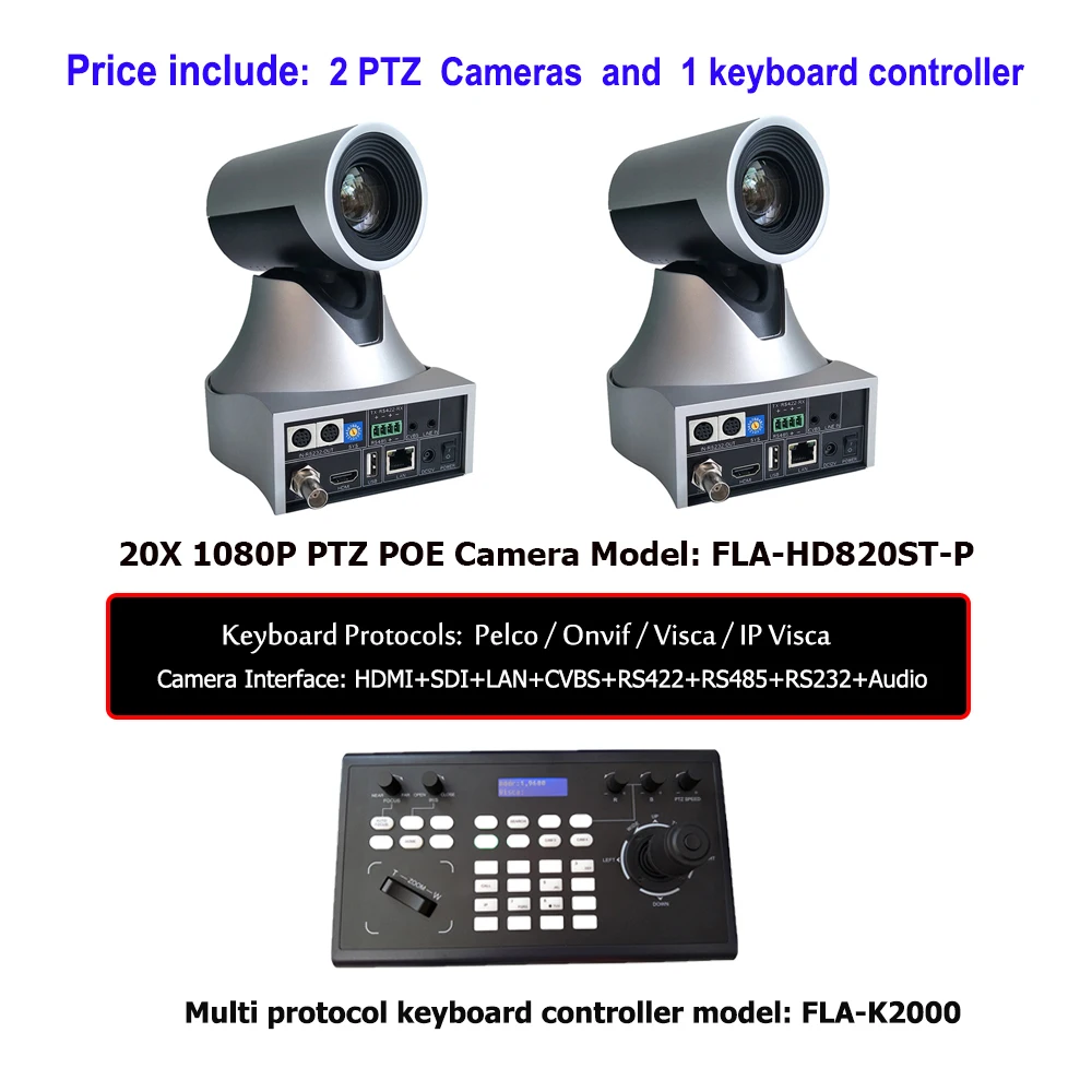 IP Keyboard Remote Controller 20X Zoom Lens PTZ Broadcast Camera with SDI HDMI LAN (PoE) for Broadcasting / Live Streaming