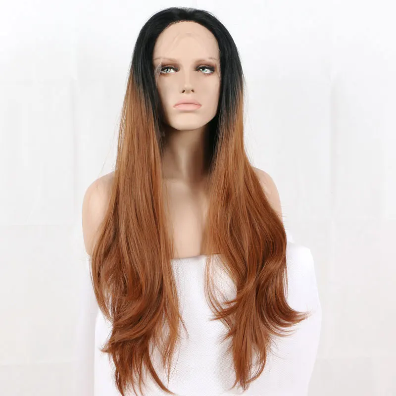 Черный Омбре коричневый натуральный прямой синтетический 13*3 парик фронта шнурка бесклеевой стойкие волокна волос свободный пробор для женщин парики