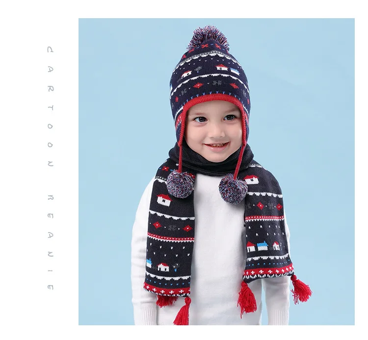 Winter Small House Jacquard Baby Boys Girls Ear Protection Beanie Knitted Children Hat Warm Cotton
