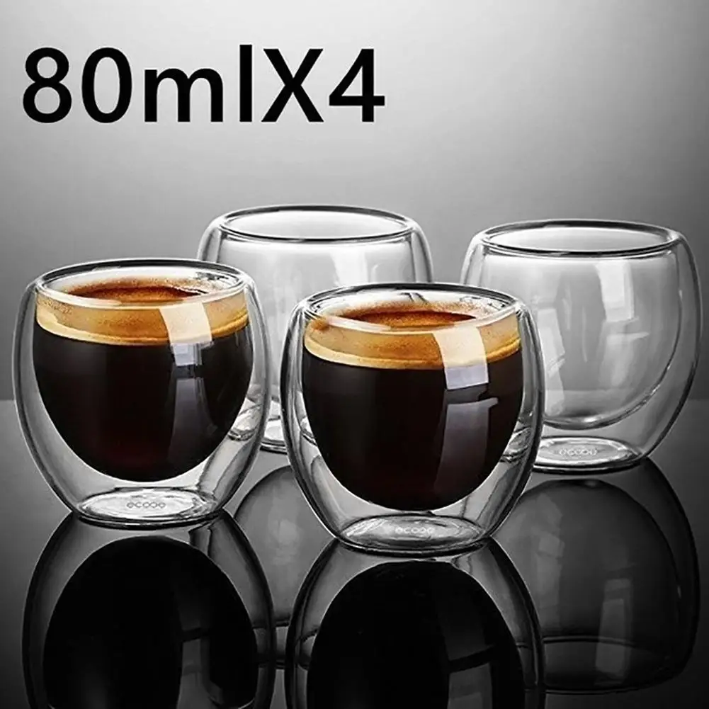 

New Fashion 4Pcs 80ml Double Wall Insulated Espresso Cups Drinking Tea Latte Coffee Mugs Whiskey Glass Cups Drinkware
