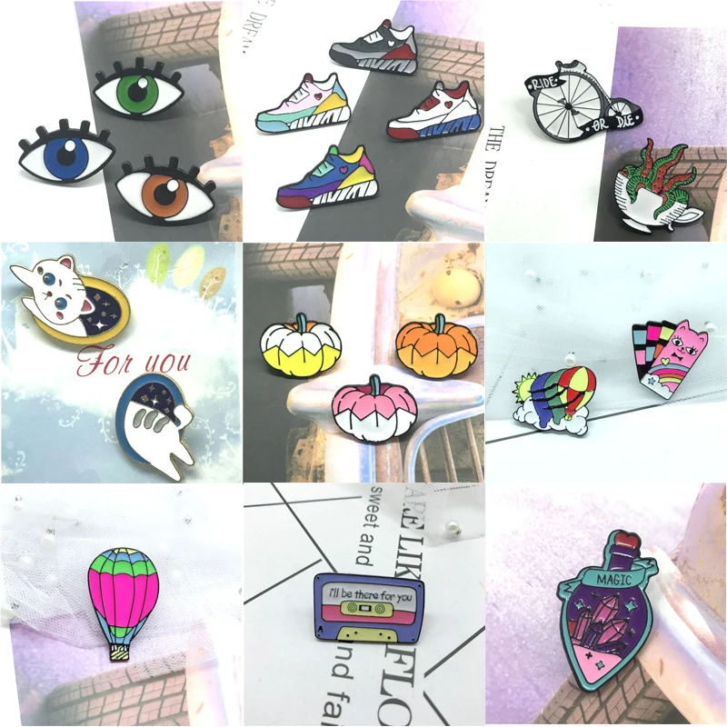 

Fashion Cartoon eyes Enamel Brooch Pins Trendy shoes pumpkin Cat hot air balloon Button Badge Backpack Jewelry For Kids Friends
