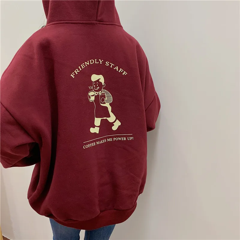 Cartton Print Hoodies Sweatshirts Women Hooded Letter Pullover Loose Velvet Autumn Winter Oversized Outwear Big Pocket Warm W170