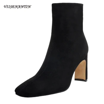 

Versatile Temperament Square Toe Thick High Heel Stone Pattern Genuine Leather Simple Black Ankle Boots Zipper Sewing Shoes Girl