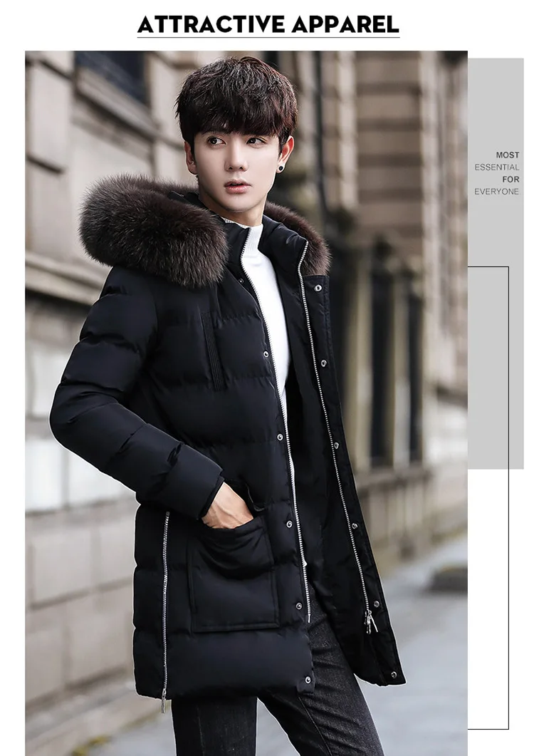 Men Winter New Style Solid Color Cotton Coat Warm Hooded Hair Stand Collar Korean-style Fashion Cotton-padded Clothes Versatile