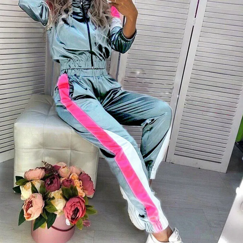 

2 Piece Set For Women Long Sleeve Patchwork Cropped Tops Elastis Waist Pants Suit 2019 Autumn Fashion Casual Sport Sets Female