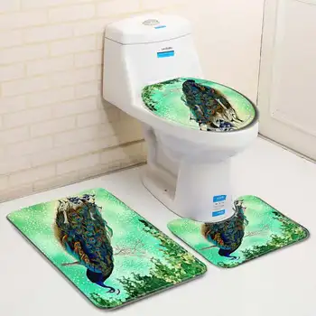 

New 1-3PCS Set Carpet Bathroom Foot Pad Peacock Bath Mat and Shower Curtain Set Polyester Toilet Toilet Seat Covers Home Decor