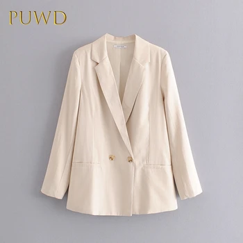 

PUWD Summer New Women's Casual Lacking Angle Lapel Small Suit Crepe Knitted Single Row Buckle Straight Suit Jacket for Women