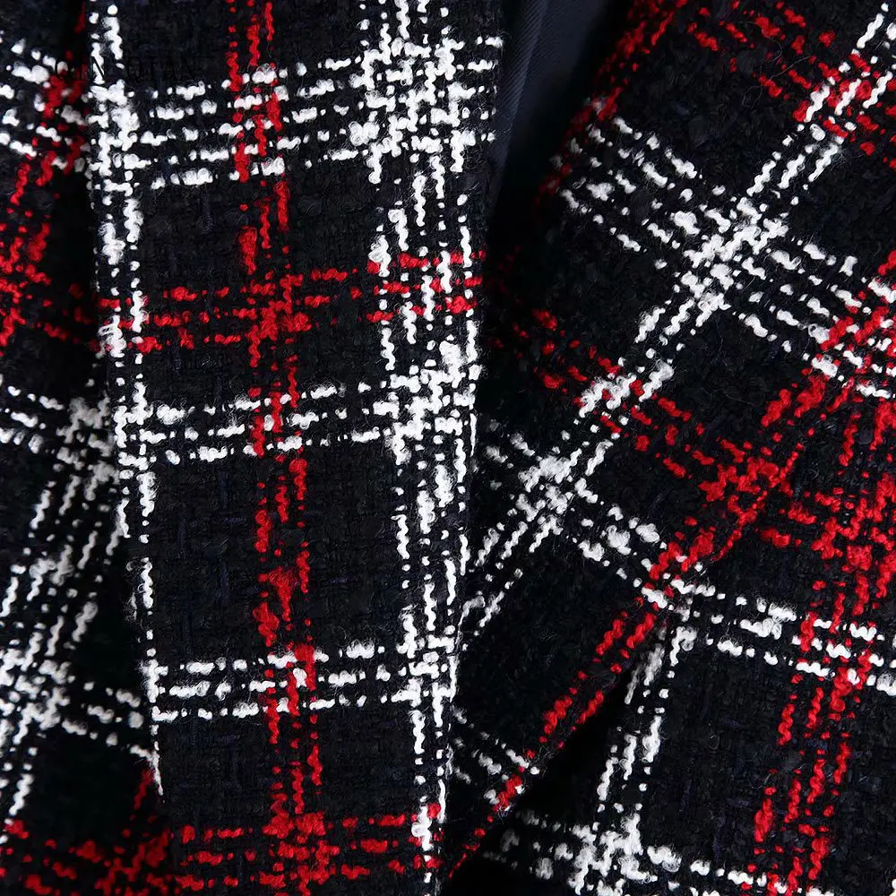 Women Office Lady Plaid Double Breasted Tweed Blazer Coat Vintage Fashion Long Sleeve Pockets Ladies Outerwear Chic Tops