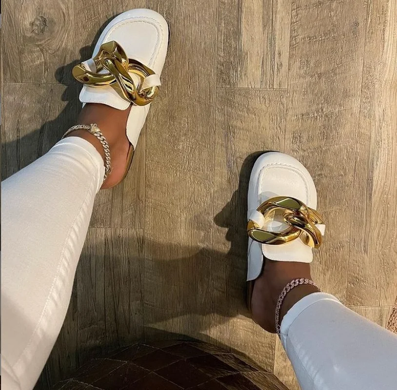 Mules Shoes Women Slippers Flats Designer Slides Size 43 White Black Luxury Big Chain Sandals Moda Feminina Verao 2021 Pantoufle | Обувь