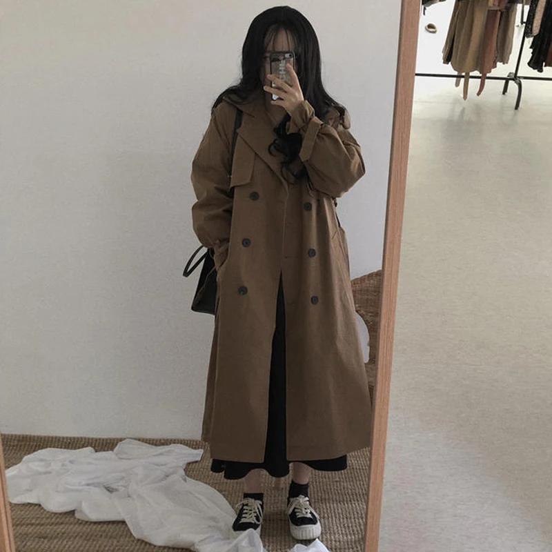 brown SuperAen, корейский стиль, хлопковая ветровка для женщин, осень, новинка, двубортное пальто для женщин, дикая женская одежда - Цвет: brown