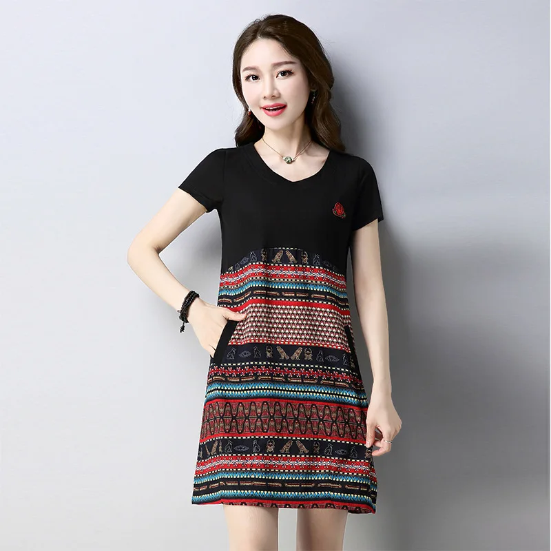 

2019 Summer Wear Korean-style Loose And Plus-sized Slimming Casual Dress Embroidered Joint Printed