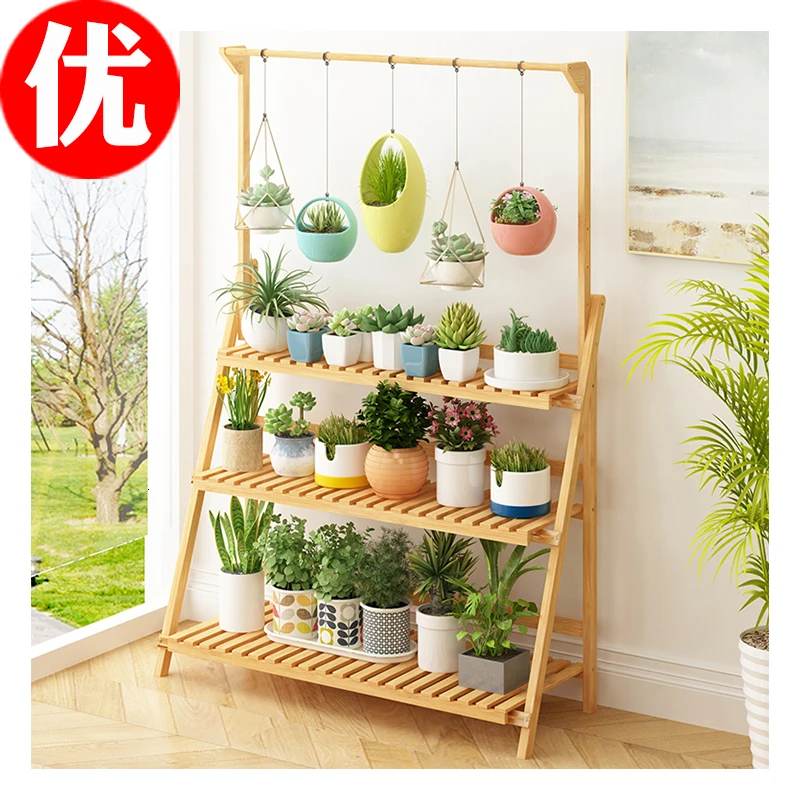 Household Balcony Room Built-in Rack Landing Type Solid Wood Multi-storey Flowerpot Frame
