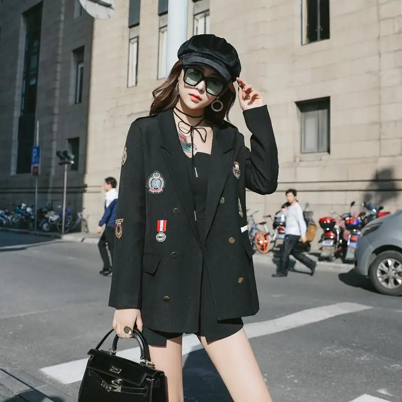 

Badge Embroidery Women's Black Suit Coats Notched Double Breasted Lady Blazers Size S-2XL Free Shipping