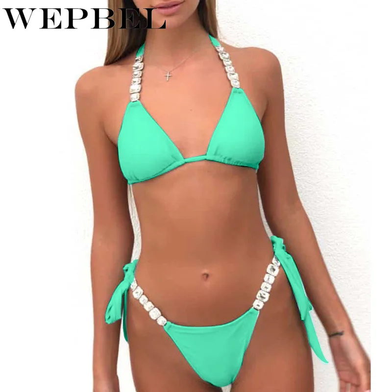 WEPBEL, 2 шт., бюстгальтер+ стринги, на шнуровке, бриллиантовый комплект бикини, для женщин, высокая талия, сексуальный, для плавания, ming, купальник, одежда для плавания, пляжные бикини