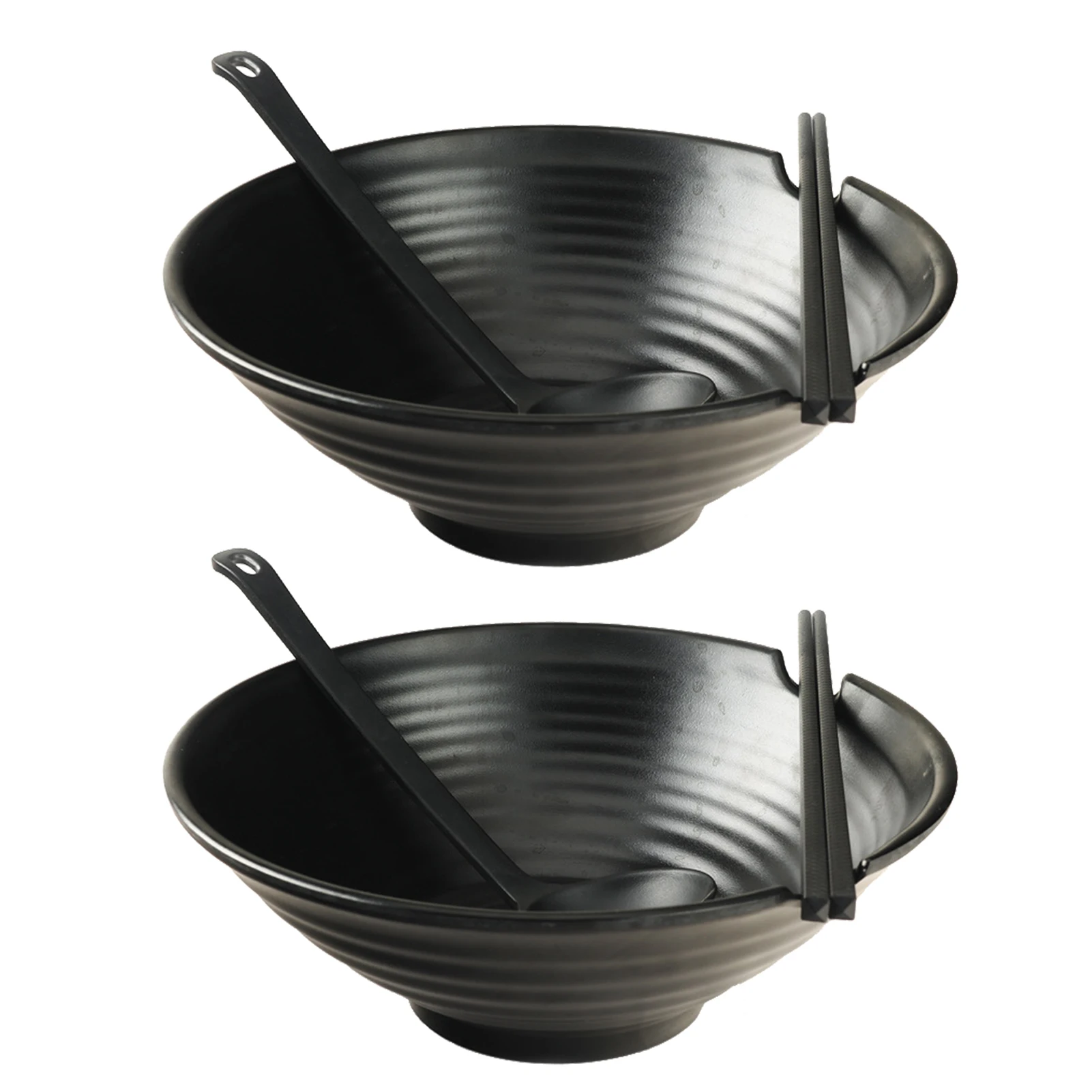 2pcs Noodles Japanese Salad Kitchen Tool Restaurant Multifunctional Large Ramen Bowl Set With Spoon Chopsticks Soup Black | Дом и сад