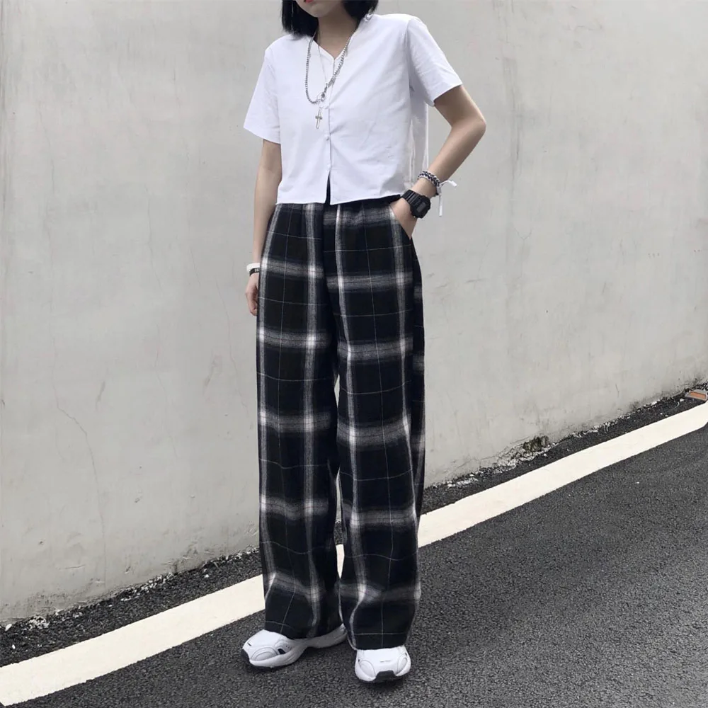 Vintage Plaid Pants Elastic Waist Pants Women High Waist Plus Size Wide Leg Pants Casual Female Korean Trousers Women