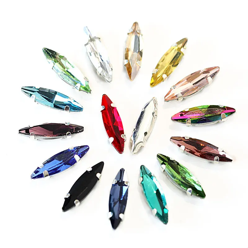 

4x15mm 30pcs 50pcs Colorful Navette Horse Eye Sew On Rhinestone with Silver Claw Sewing Glass Stones For Wedding Dress F0064