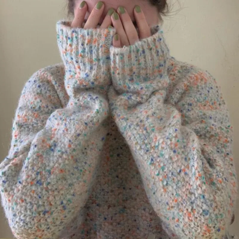 Женские пуловеры шикарные яркие цвета панельные o-образным вырезом смешивание шерсти свитер негабаритных массивные повседневные джемперы