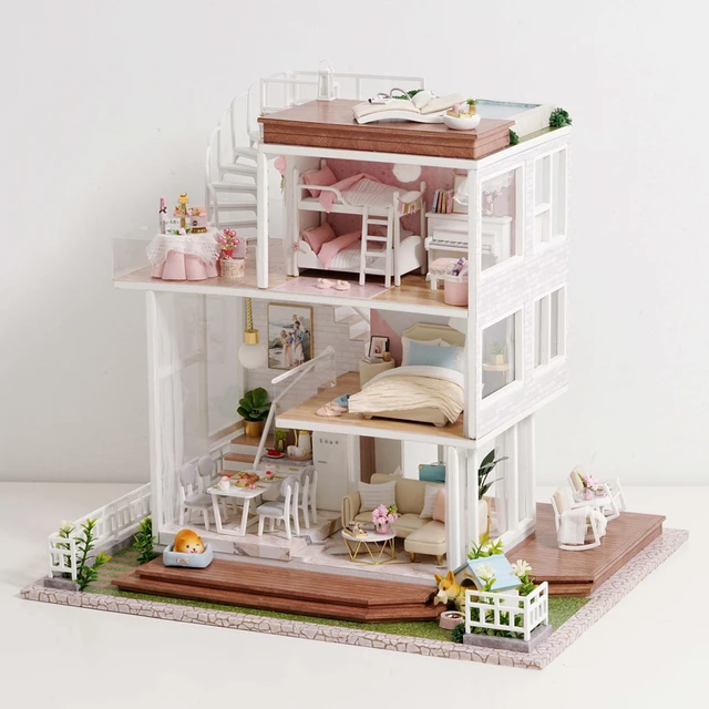 Diy Doll House Maison Poupée En Bois Maisons Miniature Doll Mobilier  Mobilier Piscine Kit Construire Villa Jouet Pour Enfants Cadeau De Noël  Y0329 Du 44,77 €