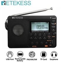RETEKESS V115 радио AM FM SW карманное радио коротковолновый fm-динамик Поддержка TF карта USB REC рекордер время сна