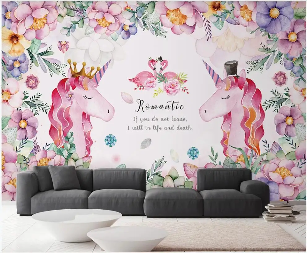 

3d wallpaper custom photo mural European unicorn flamingo flowers children's room home decor wall paper for living room