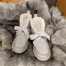 Новинка года; Сезон Зима; зимние сапоги-трубы на меху со стразами и бантом из ленты; женская обувь