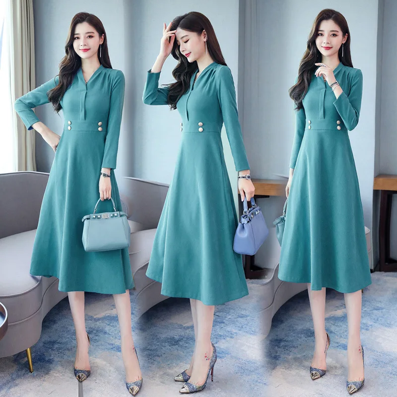 

V-neck Mid-length Simple Solid Color Cool Loose-Fit Korean-style 2019 Autumn Dress