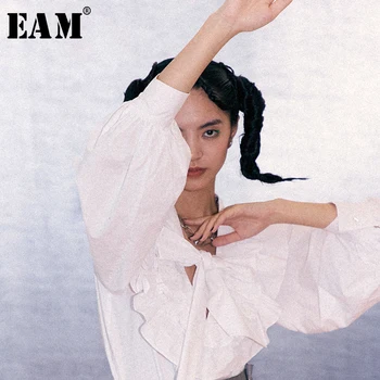 

[EAM] Women Ruffles Bandage Bow Temperament Blouse New V-collar Long Sleeve Loose Fit Shirt Fashion Spring Autumn 2020 1D497