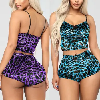 

Womens Sexy Velvet 2 Piece Romper Outfits Leopard Printed Spaghetti Strap Sleeveless Crop Top Shorts Clubwear Pajamas