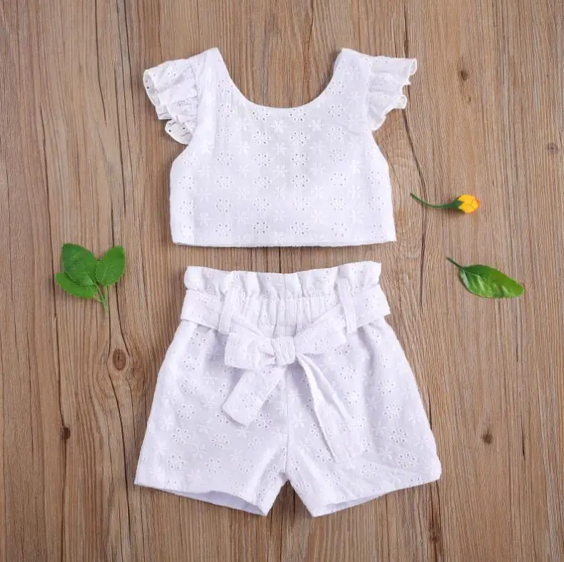 Kids girls clothing set t shirt Children Kids Summer Clothing Set Jacquard Flying Sleeve Backless T-shirt Shorts Two-piece Suit Lace Girls Clothes Set