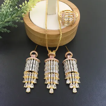 

Lanyika Fashion Jewelry Gorgeous Drop-Shaped Micro inlay Necklace Earrings and Ring for Wedding Banquet Luxury Best Gift