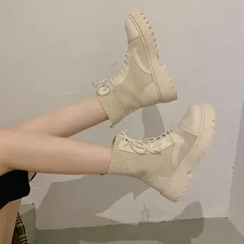 

Fashion Women Boots Platform Wedges Lace Up Ankle Boots Thick Bottom Mesh Leather Stitching 2020 Autumn Female Shoes botas mujer