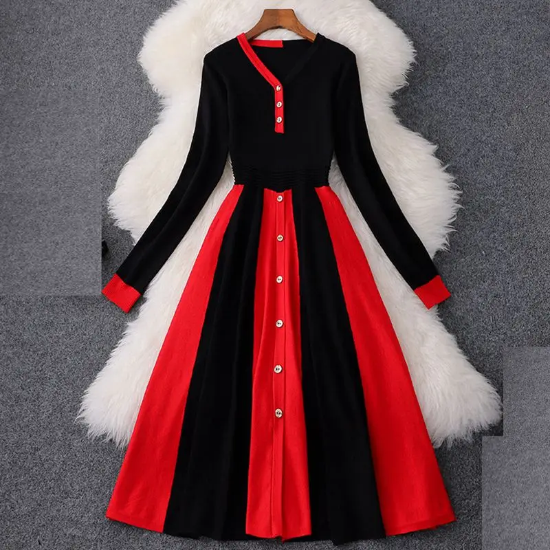 

Patchwork Hit Color Knitted Sweater Dress Women V-Neck Long Sleeve high waist A-Line Dress Female 2020 Fashion New