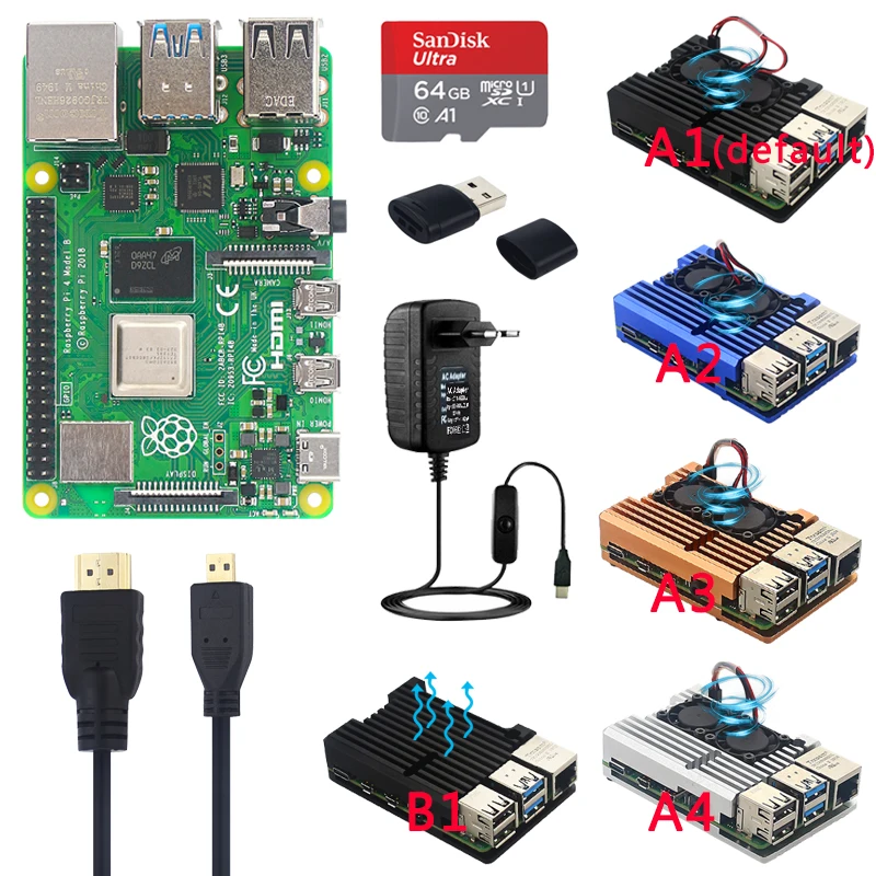 Оригинальный официальный Raspberry Pi 4 Модель B комплект двойной вентилятор Алюминиевый Чехол + 32/64 ГБ sd-карта + адаптер питания + кабель HDMI для RPI 4 Оригинальный официальный Raspberry Pi 4 Модель B комплект двойной вентилятор Алюминиевый Чехол + 32/64 ГБ sd-карта + адаптер питания + кабель HDMI для RPI 4