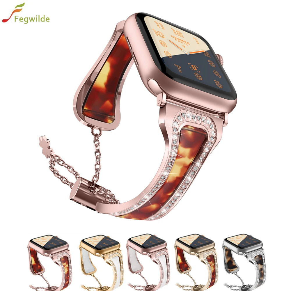 

Bling Stainless steel strap for Apple Watch band 40mm 44 mm iWatch band 38mm 42mm Diamond Resin bracelet for iwatch series 6 5 4
