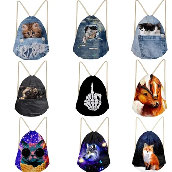 

Draw String Pouch 2019 Cat Pug Horse Wolf Fox Print Fashion Drawstring Bag For Girls Travel Backpack Softback Lady Beach Mochila