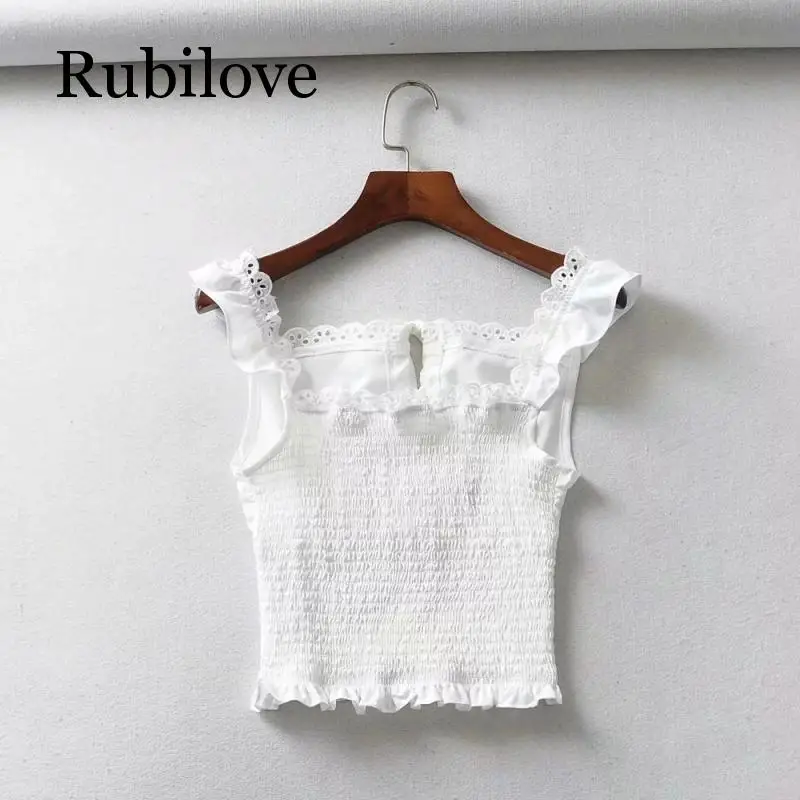 Rubilove Ruffle Trim White Lace Up Sexy Crop Top Women Tank Top Femme Backless Spaghetti Bralette Crop Tops Shirts