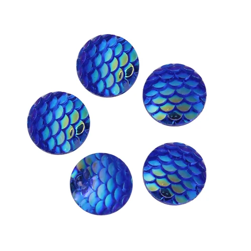 50PCs 8mm/12mm Resin Round Mermaid Fish Dragon Scale Dome Seals Cabochon Royal Blue AB Color For DIY Earring Jewelry Making