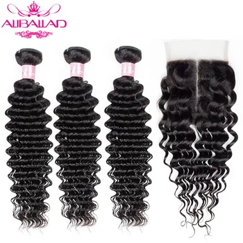 

Aliballad Deep Wave Bundles With 4x4 Closure Natural Color Brazillian Hair Bundles With Closure Non-Remy Hair Extensions