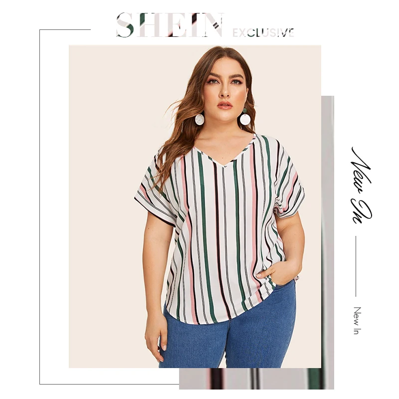 SHEIN Плюс Размер Многоцветный изогнутый подол полосатая блузка Топ Женская летняя с v-образным вырезом короткий рукав Повседневная Плюс топы и блузки