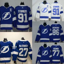 Сшитые Tampa Bay Мужские взрослые#91 Steve Stamkos 27 Ryan McDonagh 86 Nikita Kucherov 77 Victor Hedman Джерси
