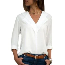 Белая блузка с длинным рукавом Шифоновая Блузка с двойным v-образным вырезом Женские топы и блузки офисная рубашка женская блузка OL рубашка Blusas Camisa D30